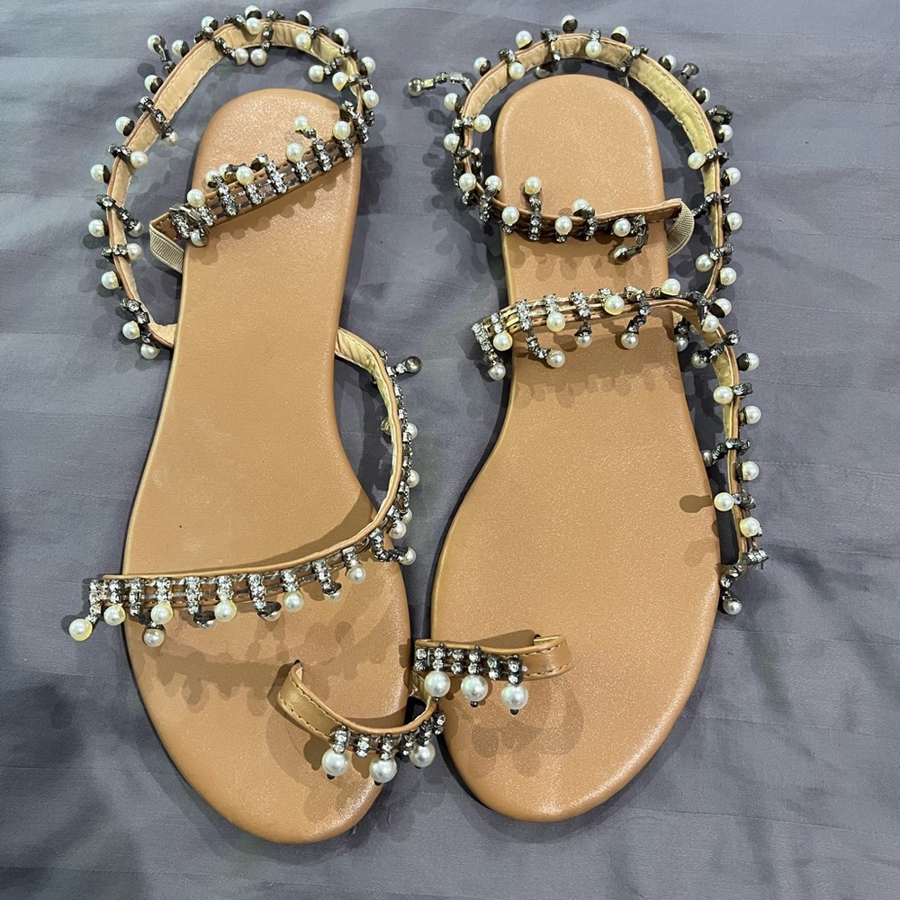 Elegant Pearl and Rhinestone Embellished Tan Sandals
